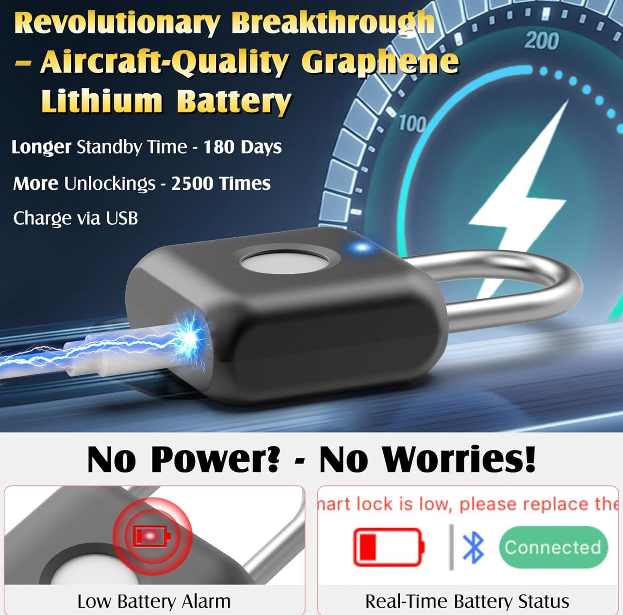 Pothunder - Candado de huellas dactilares, candado inteligente, bloqueo de casillero, bloqueo de huellas dactilares con liberación de aplicación, recargable por USB