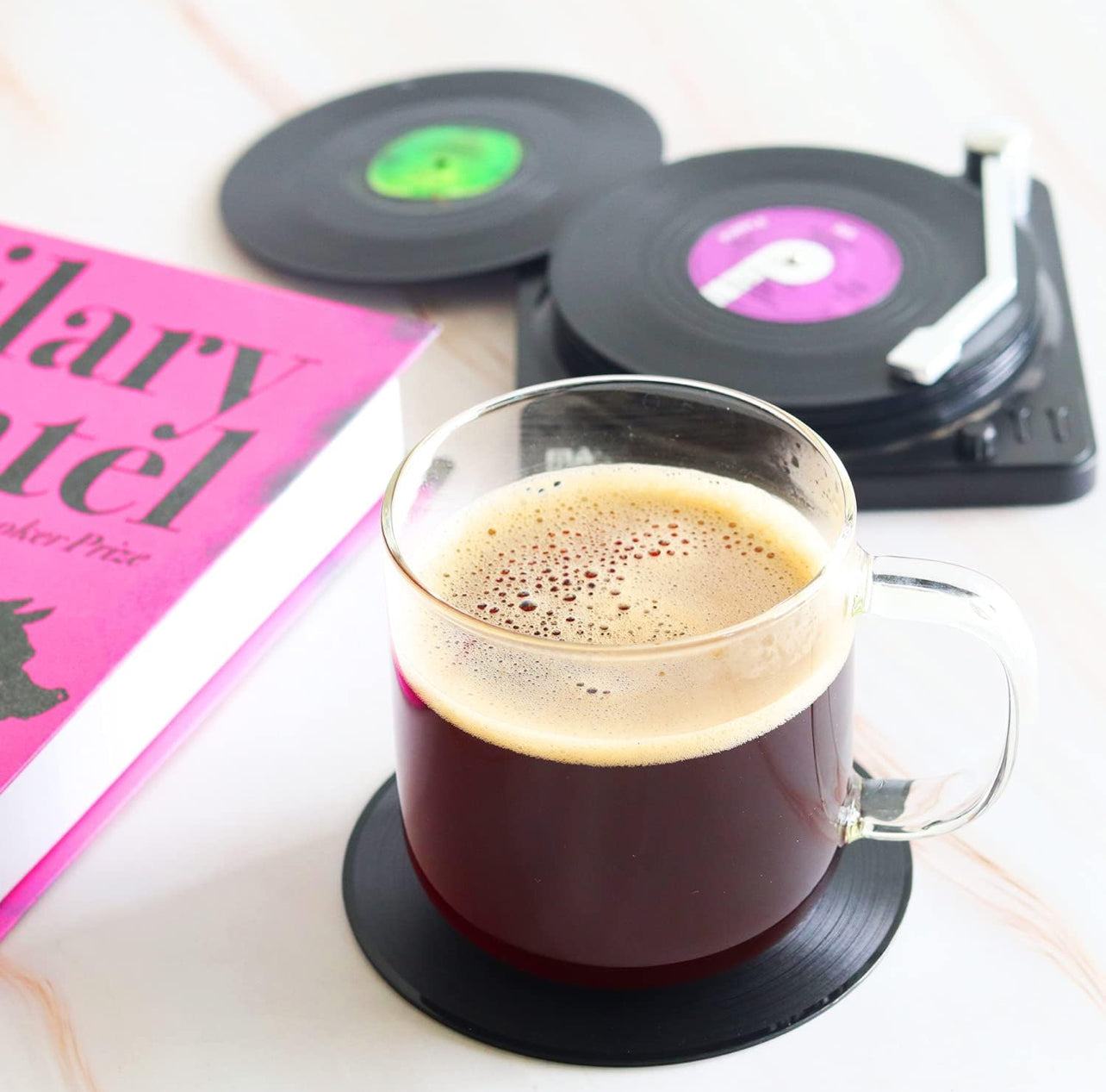 Divertidos posavasos retro para bebidas con soporte para reproductor de vinilo para amantes de la música, juego de 6 posavasos