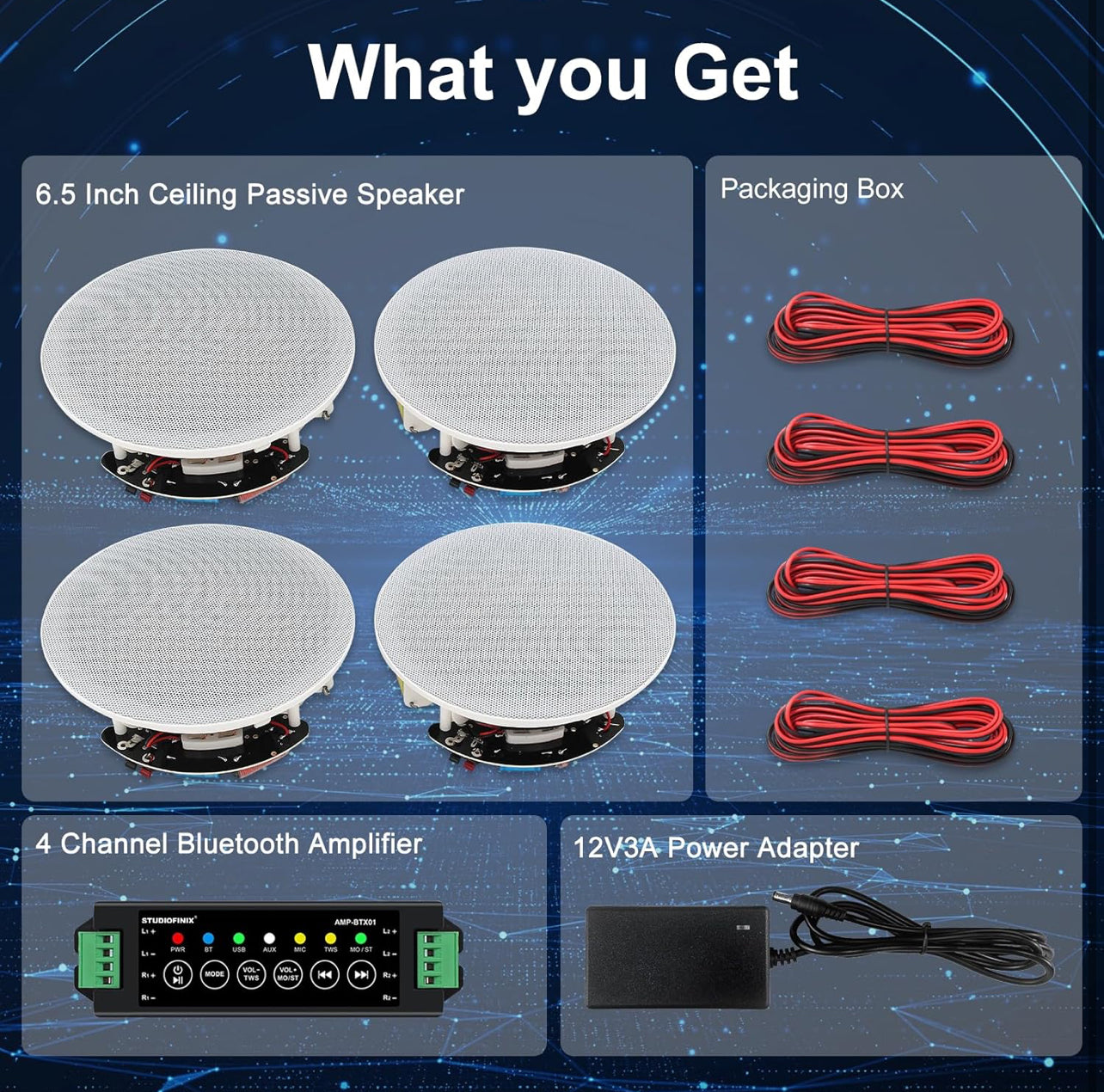 STUDIOFINIX Altavoces de techo Bluetooth de 6.5 pulgadas, sistema de altavoces empotrados con cable de 600 W