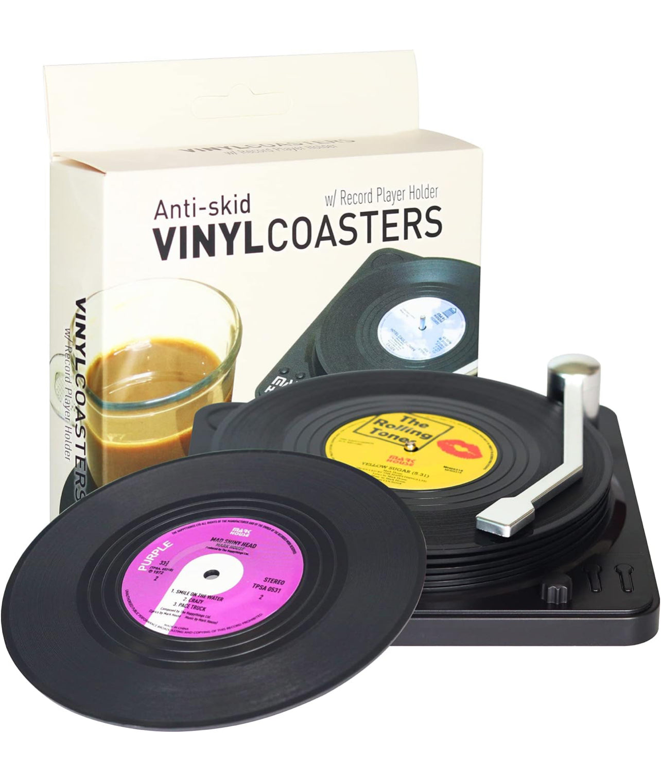 Divertidos posavasos retro para bebidas con soporte para reproductor de vinilo para amantes de la música, juego de 6 posavasos