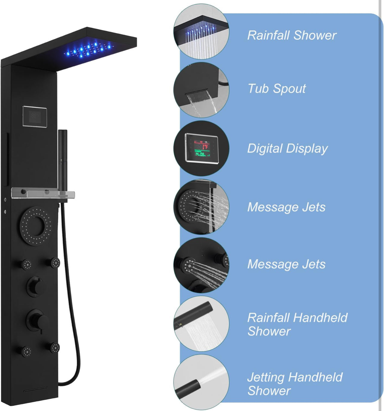 RUMOSE Sistema de torre de panel de ducha negro oscuro, juego de grifos de ducha de 5 funciones, cabezal de ducha de lluvia con luz LED, pantalla digital con chorros de masaje