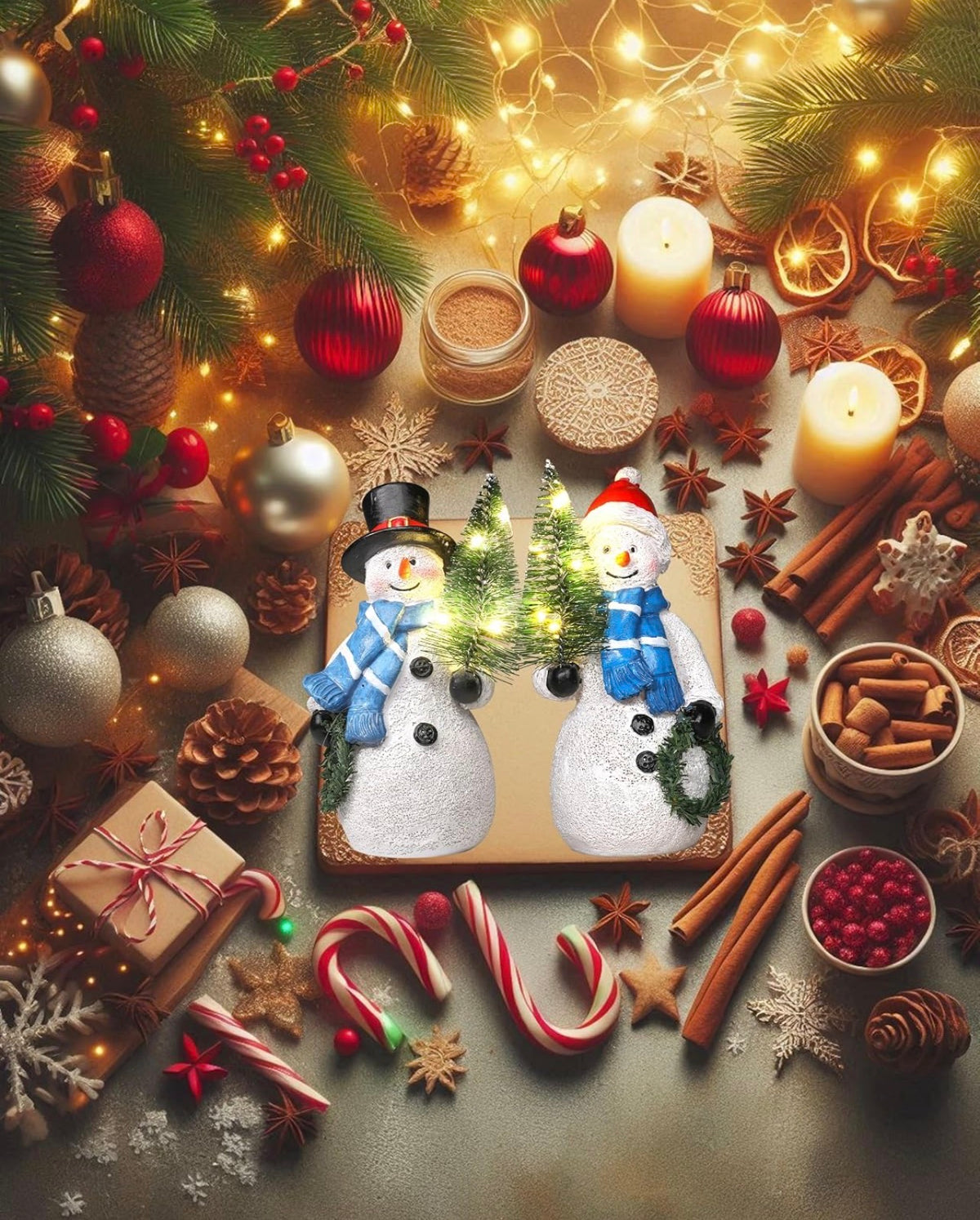 Duo - Figuras de muñeco de nieve de resina de 5 pulgadas con corona de árbol de Navidad iluminada