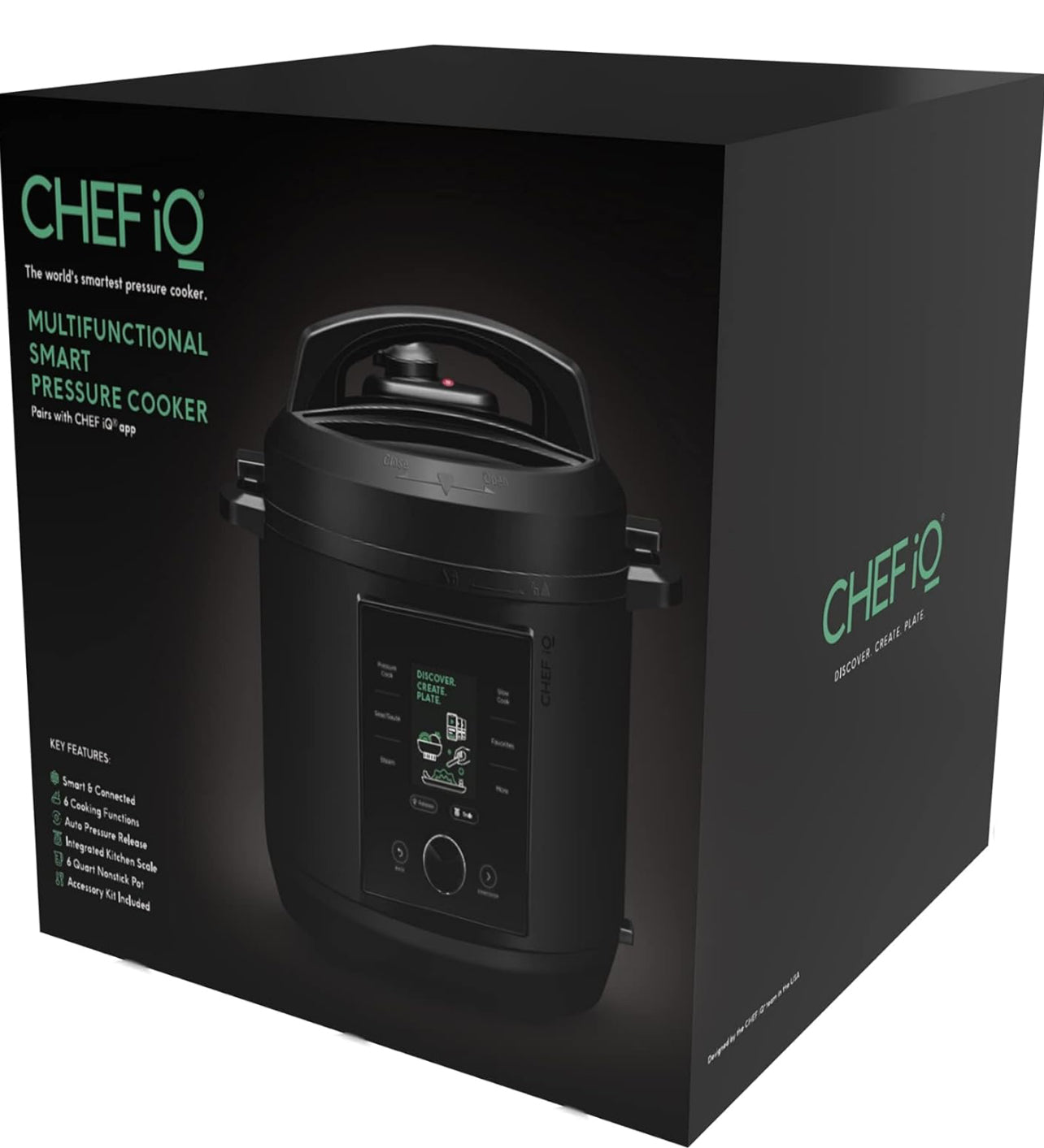 CHEF iQ Olla a presión inteligente con WiFi y escala incorporada, junto a una aplicación móvil con recetas.
