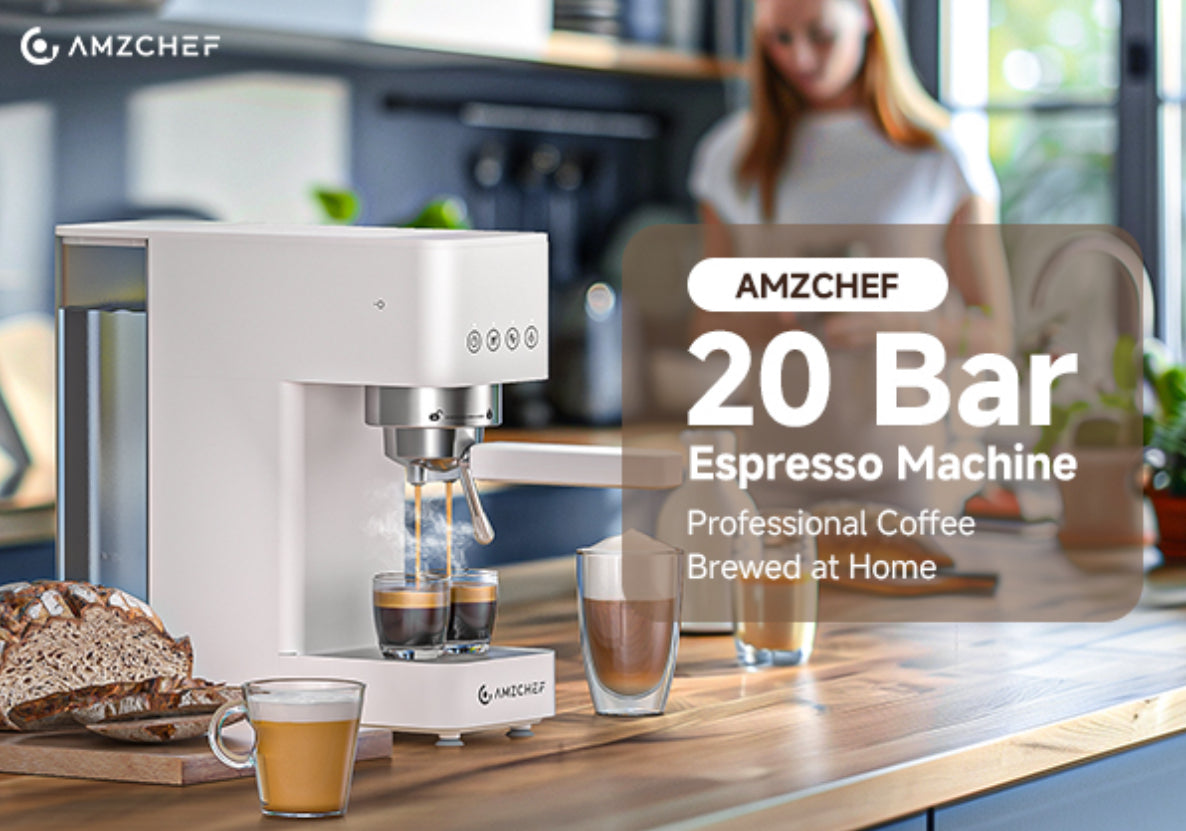 AMZCHEF Máquina de café expreso de 20 bares, cafetera compacta con espumador de leche a vapor