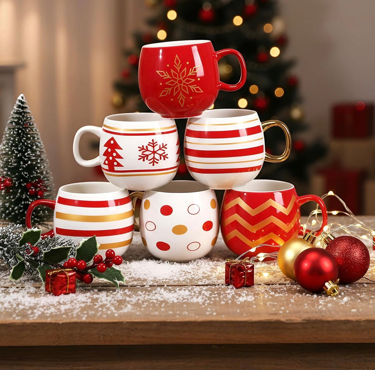 Juego de 6 tazas de Navidad, bolas de Navidad, taza de café, color dorado, rojo