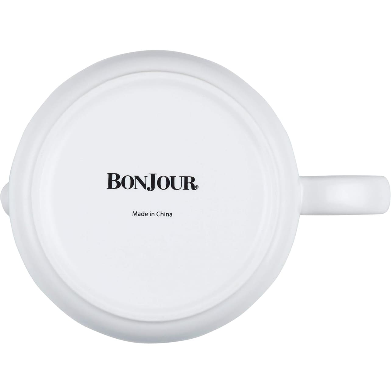 BonJour Wayfarer - Cafetera de cerámica blanca mate de 34 onzas con tapa de madera en una base de madera.