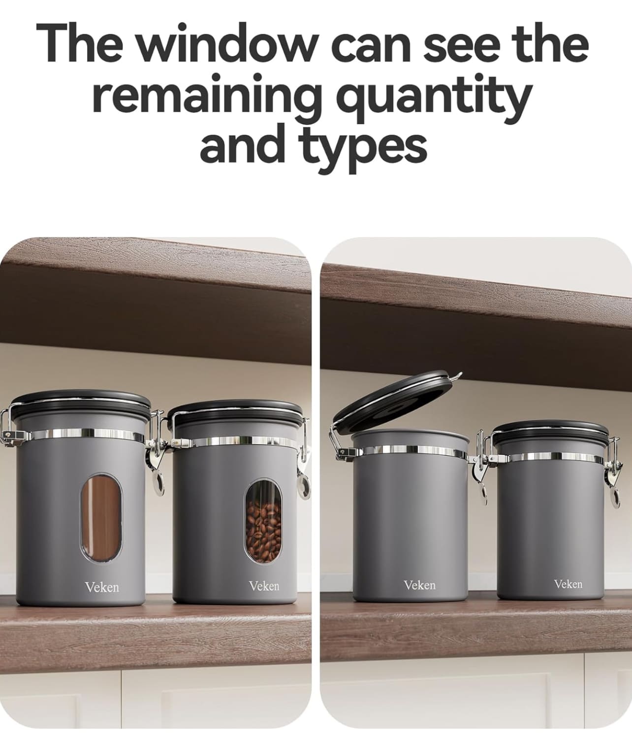 Veken - Recipiente para café con ventana, recipiente hermético de alma, diseño moderno y funcional