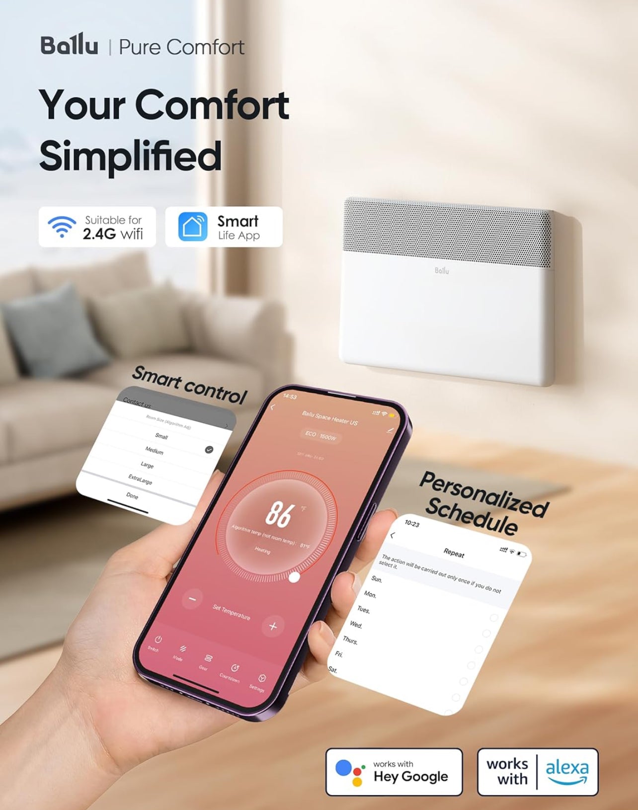 Calentador de espacio con panel de convección Ballu, calentador de ambiente completo de 1500 W para uso en interiores