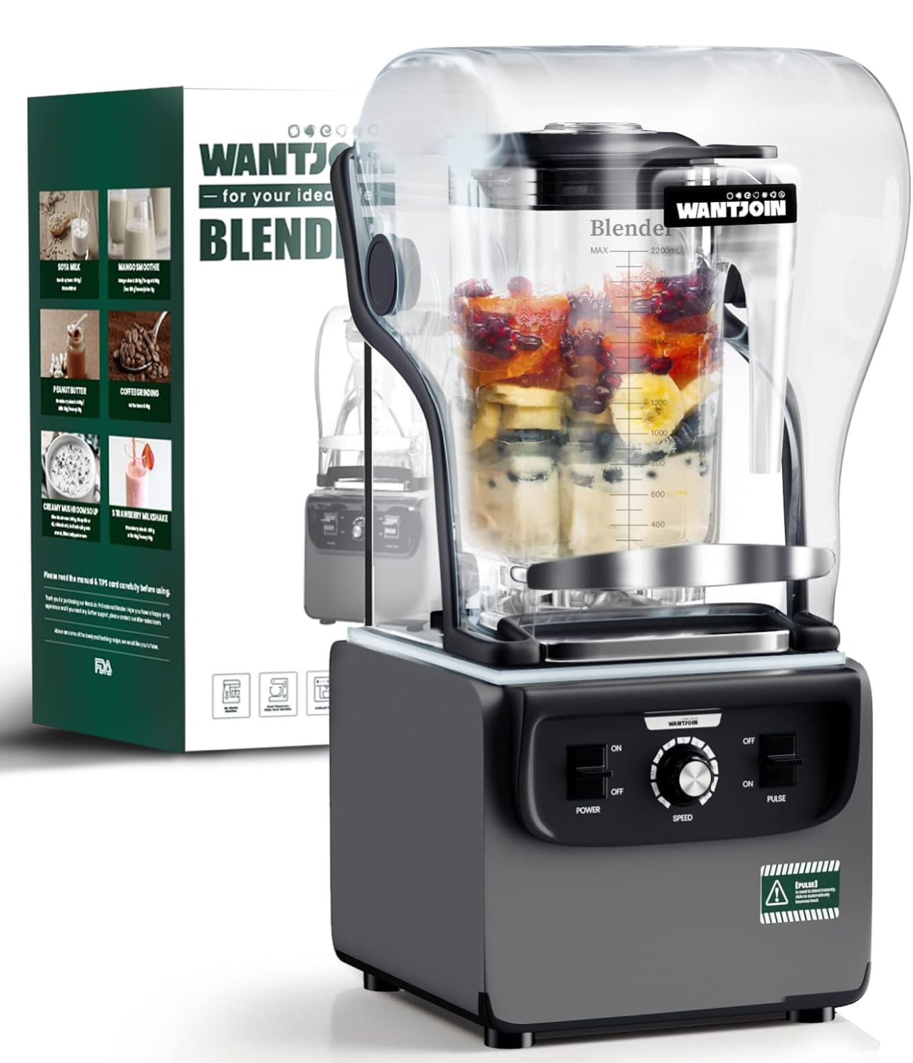 Wantjoin Licuadora profesional, 1800W licuadora silenciosa comercial 74.4 fl oz