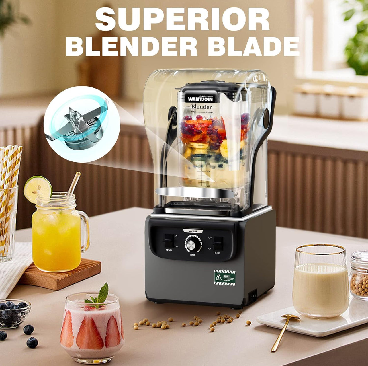 Wantjoin Licuadora profesional, 1800W licuadora silenciosa comercial 74.4 fl oz