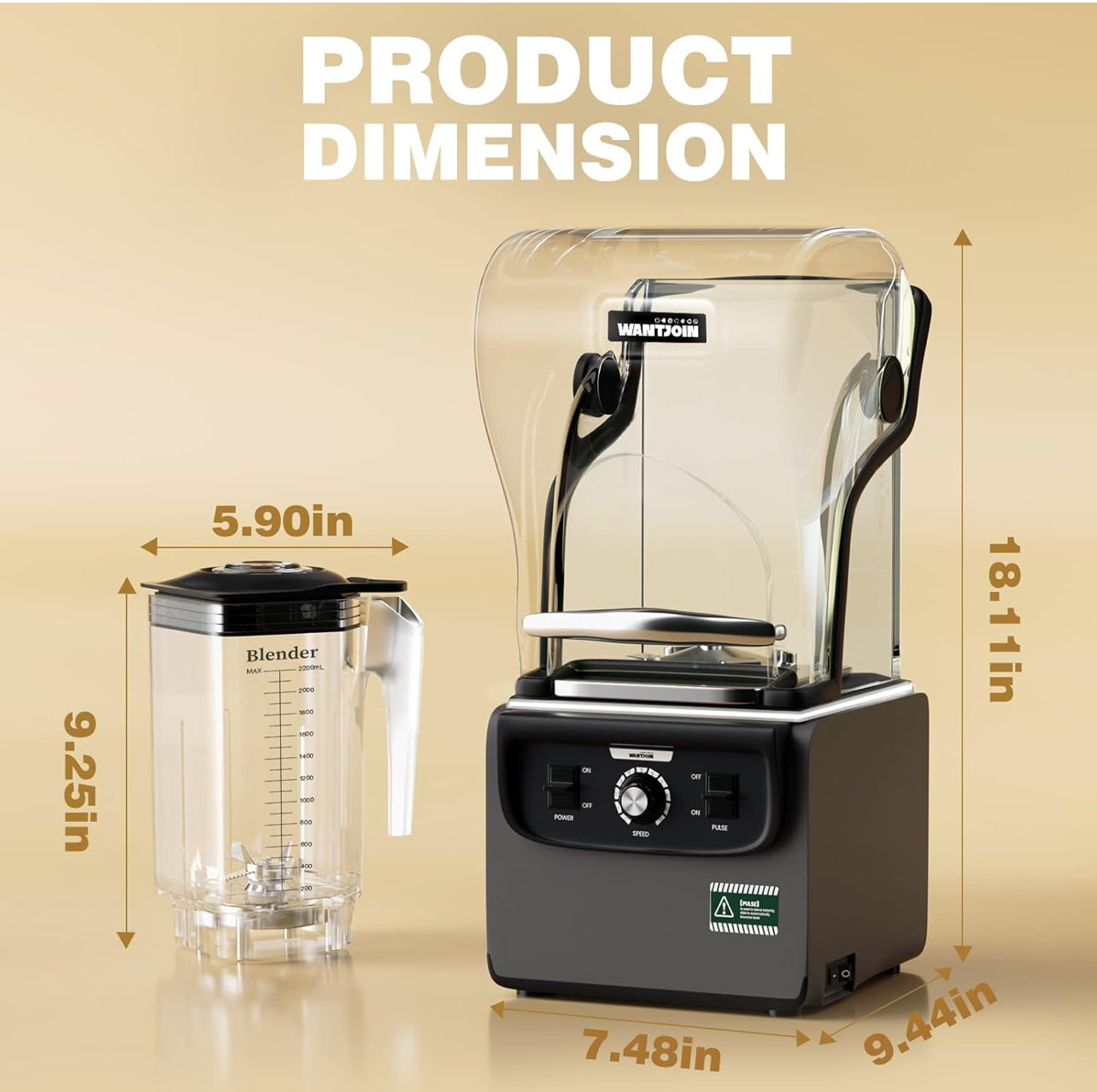 Wantjoin Licuadora profesional, 1800W licuadora silenciosa comercial 74.4 fl oz