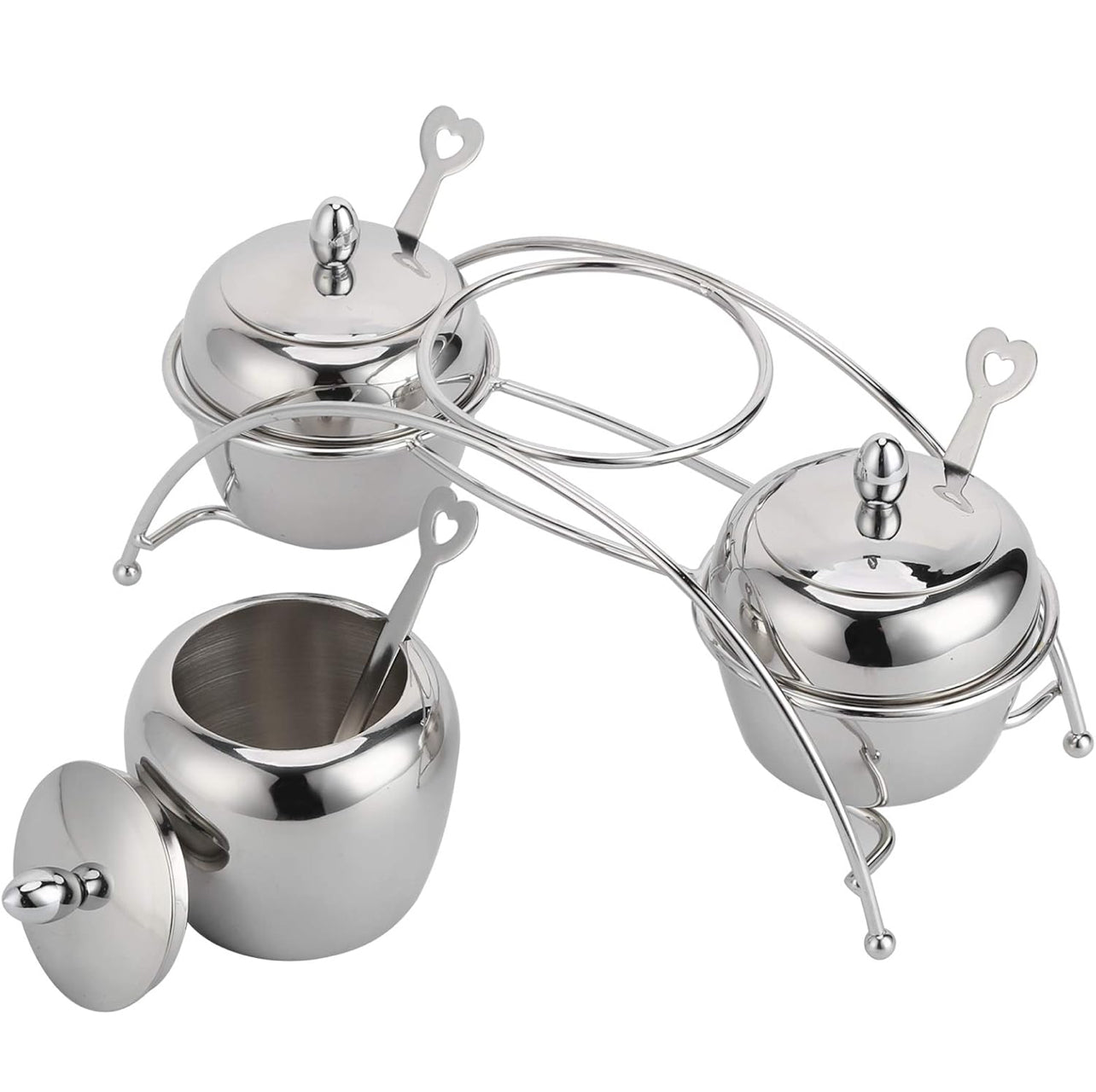 Juego de tarros de especias, juego de recipientes de condimentos de acero inoxidable con tapas de cuchara, soporte de encimera para cocina en casa (3 piezas)