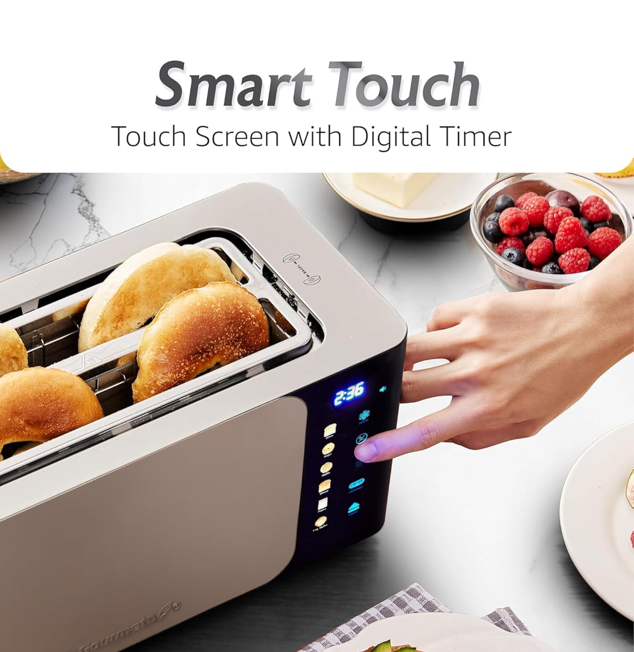 Tostadora digital de ranura larga de 4 rebanadas, ranuras de 1.5 pulgadas de ancho para paneles gruesos y función de bagel, pantalla táctil LED,