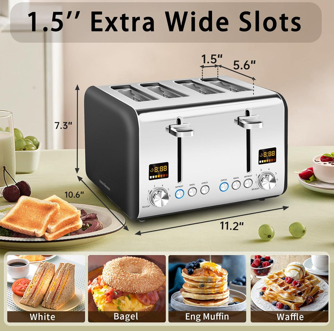 Tostadora de 4 rebanadas, tostadora de sartén inoxidable, pantalla LCD a color, 7 ajustes de sombra de sartén, tostadora de ranuras de 1.4 pulgadas de ancho