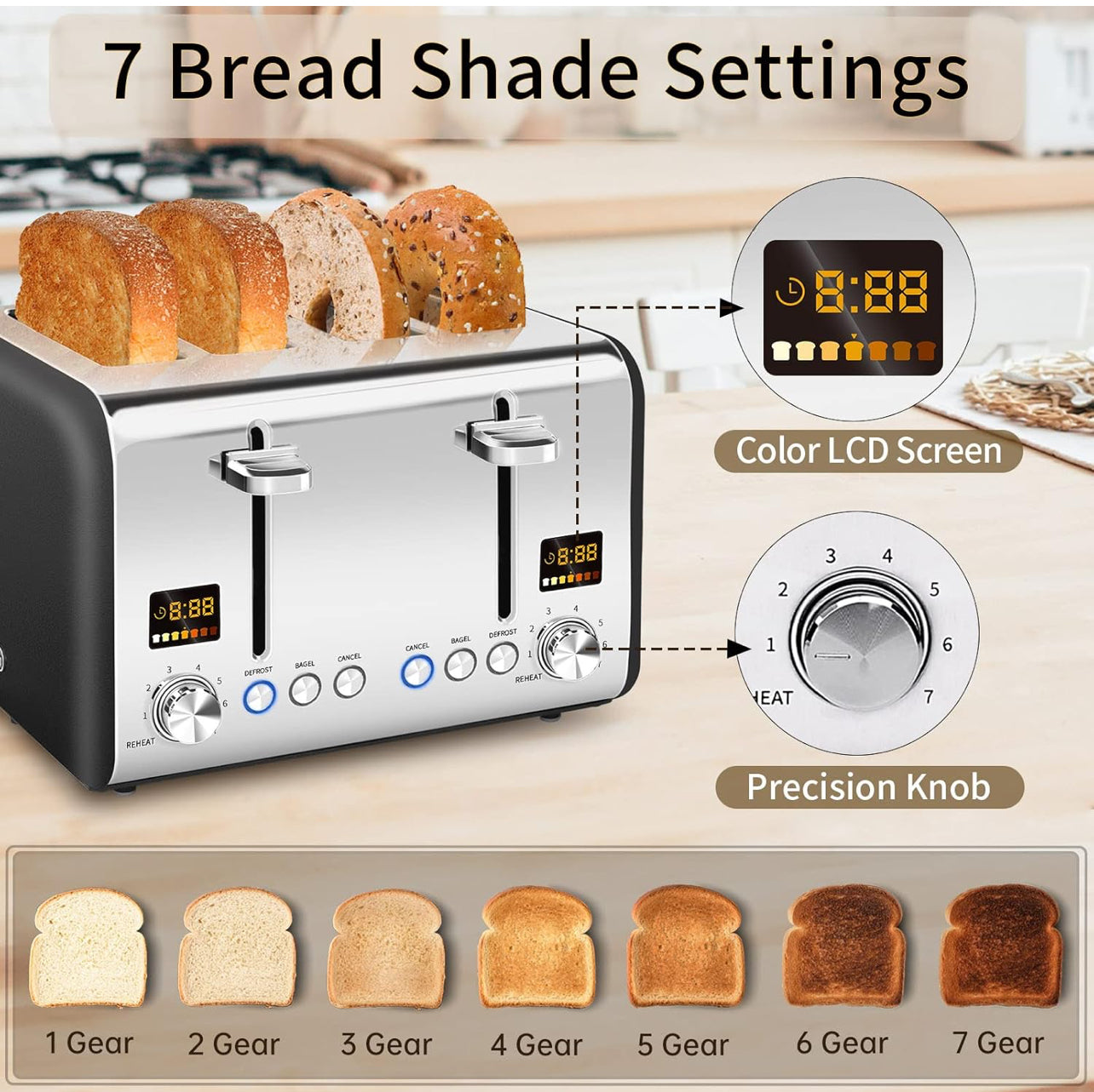 Tostadora de 4 rebanadas, tostadora de sartén inoxidable, pantalla LCD a color, 7 ajustes de sombra de sartén, tostadora de ranuras de 1.4 pulgadas de ancho