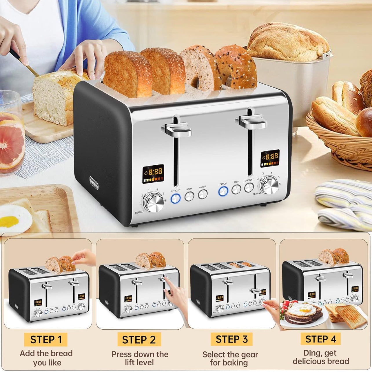 Tostadora de 4 rebanadas, tostadora de sartén inoxidable, pantalla LCD a color, 7 ajustes de sombra de sartén, tostadora de ranuras de 1.4 pulgadas de ancho