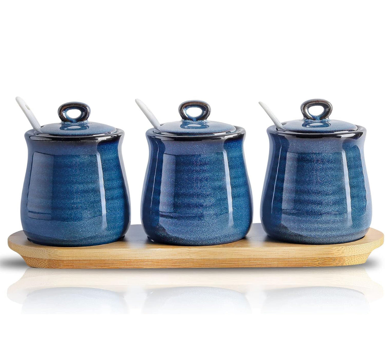 Hasense Tarro de condimentos de porcelana, contenedor de especias de 10 onzas con cuchara de tapa y bandeja de bambú