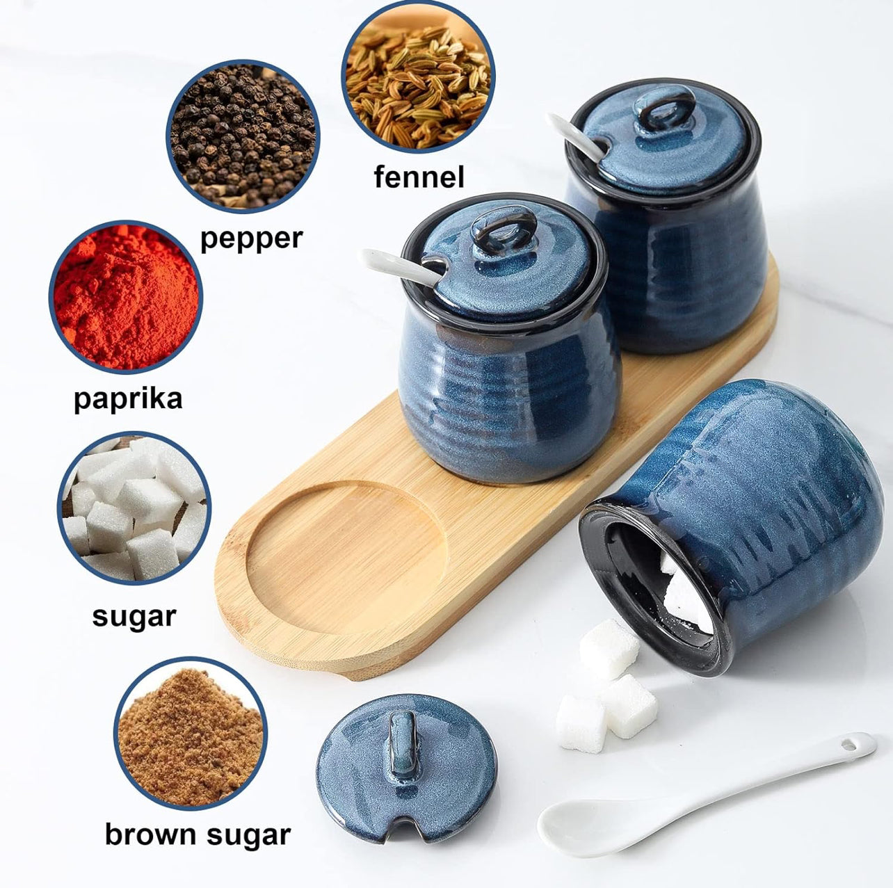 Hasense Tarro de condimentos de porcelana, contenedor de especias de 10 onzas con cuchara de tapa y bandeja de bambú