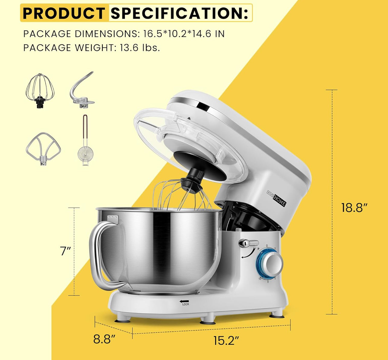 Batidora de mesa de 650 W, 6 velocidades, 6 cuartos de galón, mezclador eléctrico de cocina con cabezal basculante