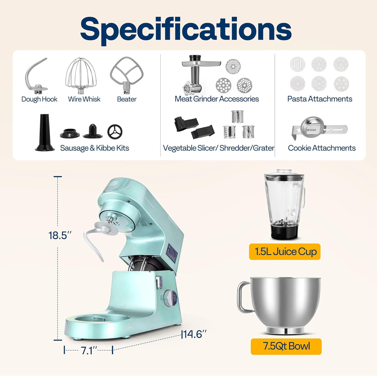 VIVOHOME Mezclador de pie multifuncional 9 en 1 con fermentación, 6 velocidades 7.5 cuartos de galón