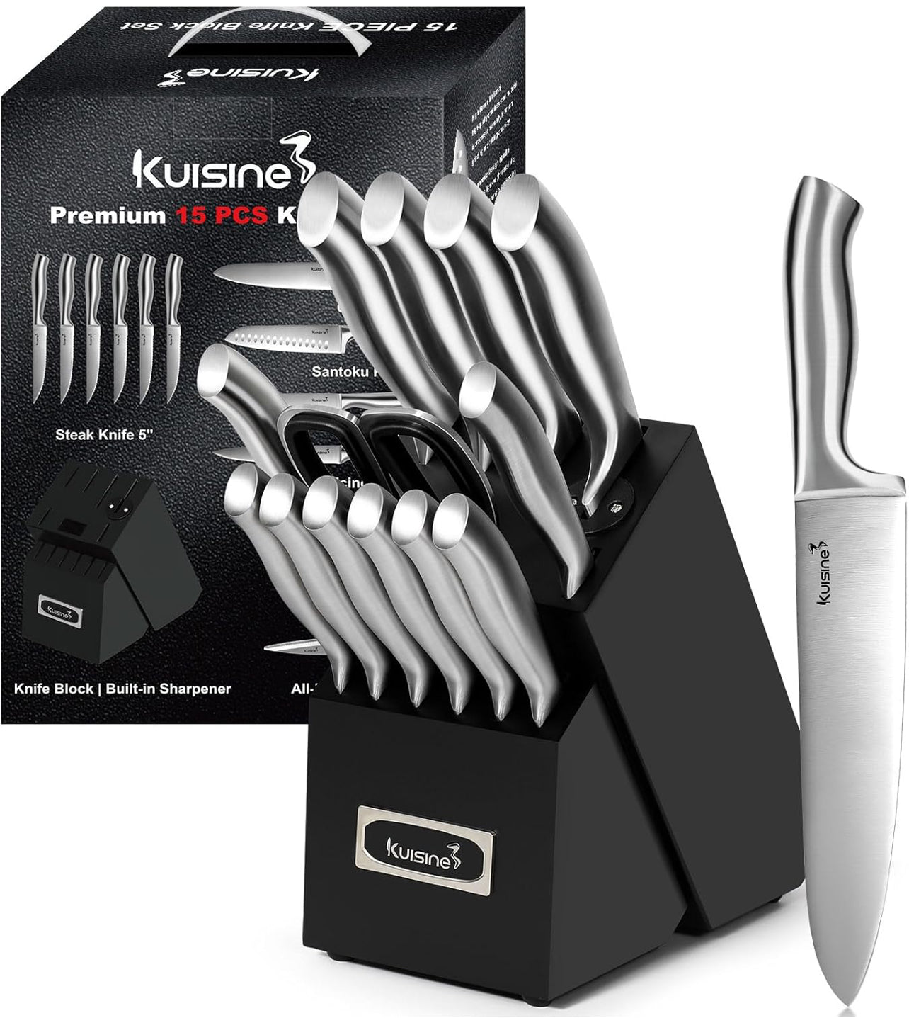 Juego de cuchillos de chef, juego de cuchillos de bloque de acero inoxidable de alto carbono
