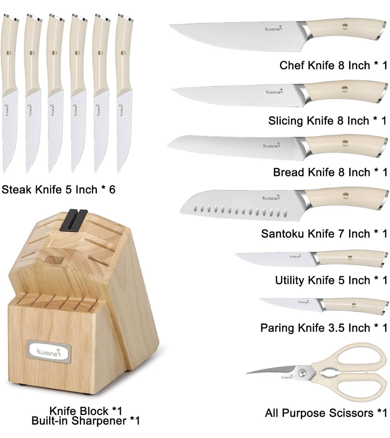 Juego de cuchillos de chef, juego de cuchillos de bloque de acero inoxidable de alto carbono