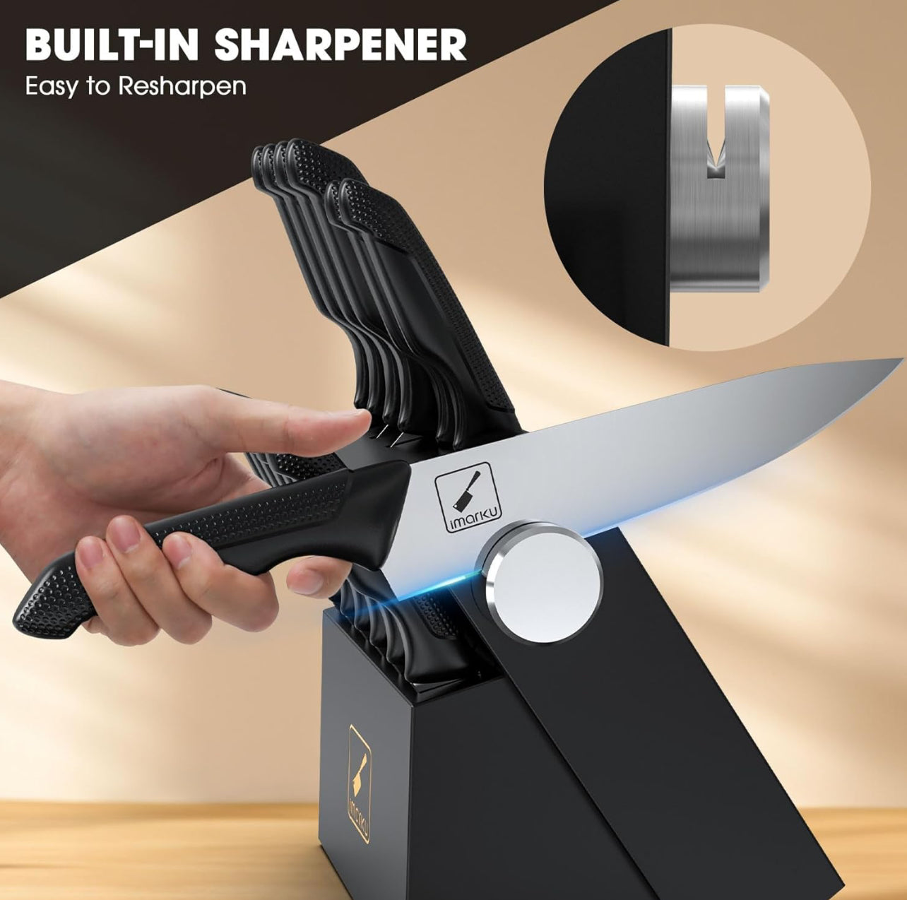 Juego de cuchillos afilados con bloque y afilador, juego de cuchillos de cocina profesionales de acero inoxidable con mango ergonómico antideslizante