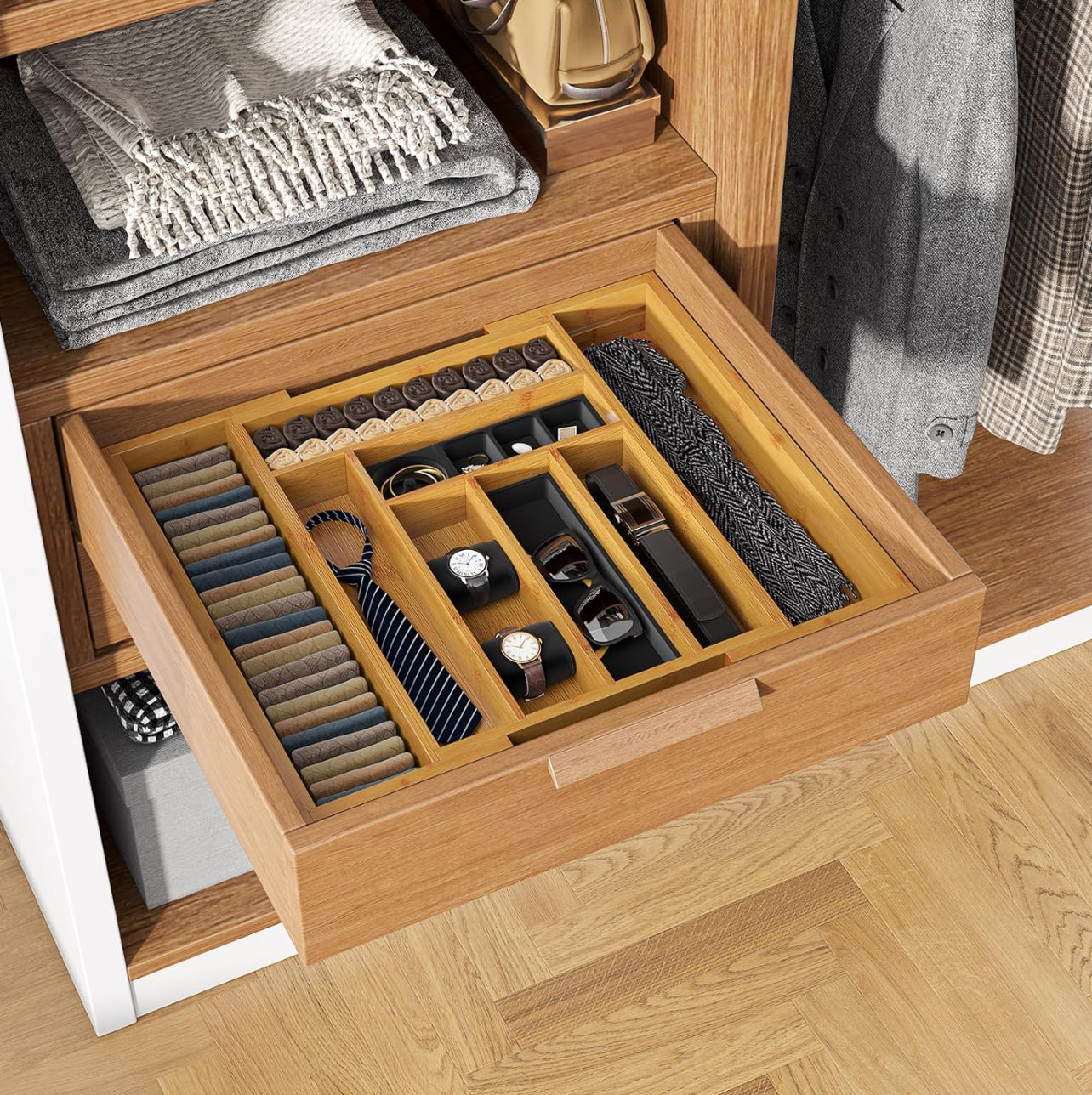 Pipishell Organizador de cajones extensible de bambú para soporte de utensilios, bandeja de cubiertos ajustable