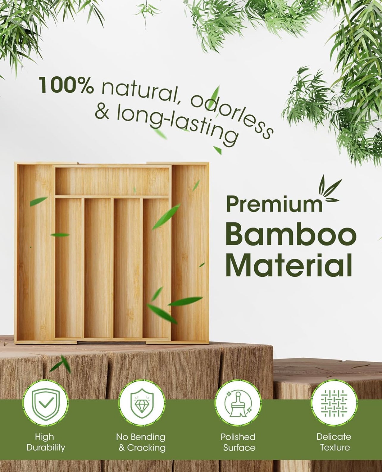 AUJEN Organizador de cubiertos de bambú, organizador de cajones expandible, organizador de utensilios ajustable