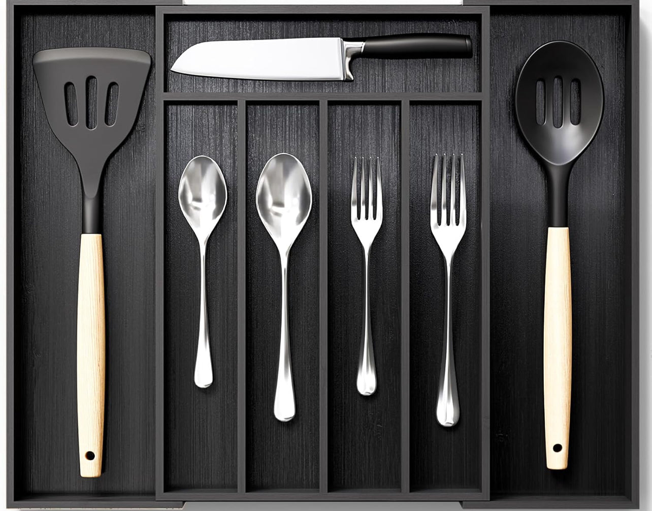 AUJEN Organizador de cubiertos de bambú, organizador de cajones expandible, organizador de utensilios ajustable