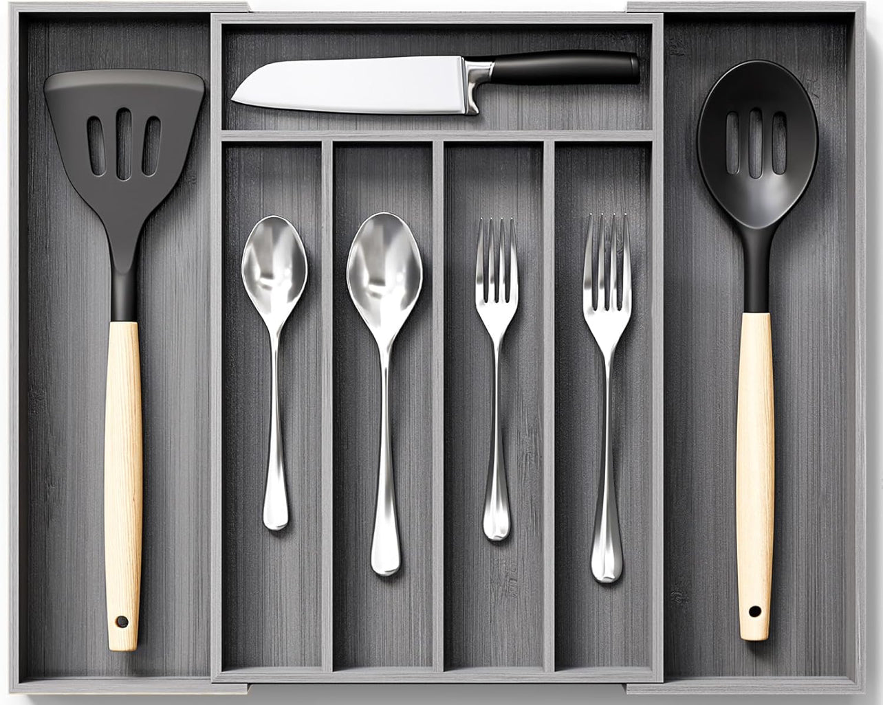 AUJEN Organizador de cubiertos de bambú, organizador de cajones expandible, organizador de utensilios ajustable