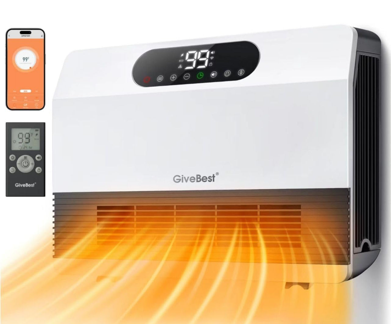 GiveBest Calentador de pared inteligente con WiFi y control remoto, calentador de espacio de 1500 W