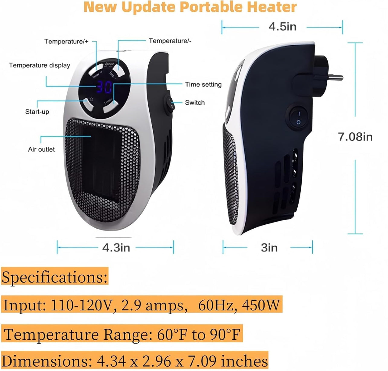 Calentador de enchufe cibernético para pared, calentador eléctrico portátil remoto de 450 W con termostato ajustable programable,