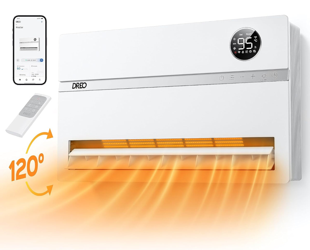 Calentador de pared inteligente, calentador eléctrico para dormitorio de 1500 W, oscilación vertical de 120°, termostato ajustable, control remoto, temporizador de 24 horas