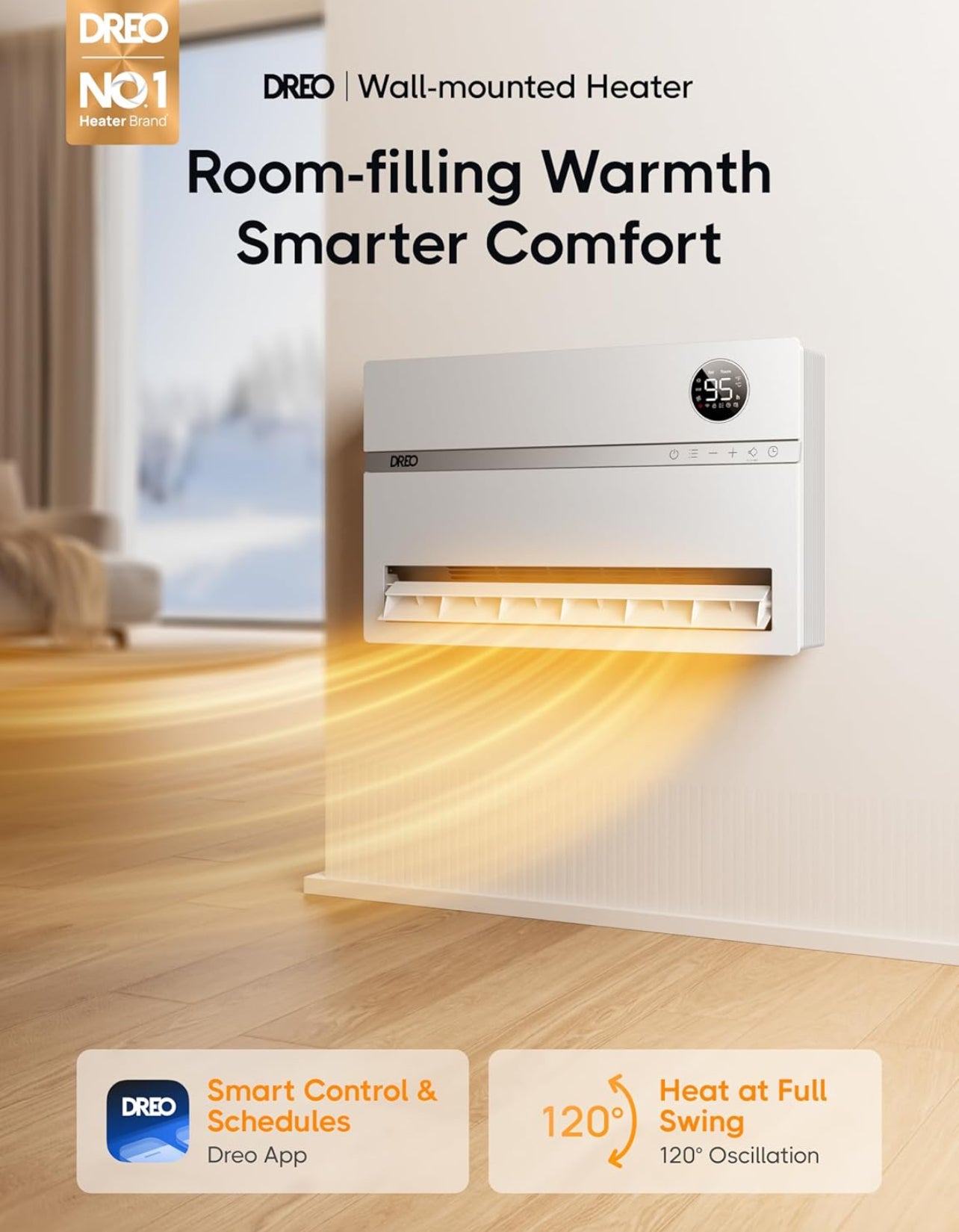 Calentador de pared inteligente, calentador eléctrico para dormitorio de 1500 W, oscilación vertical de 120°, termostato ajustable, control remoto, temporizador de 24 horas