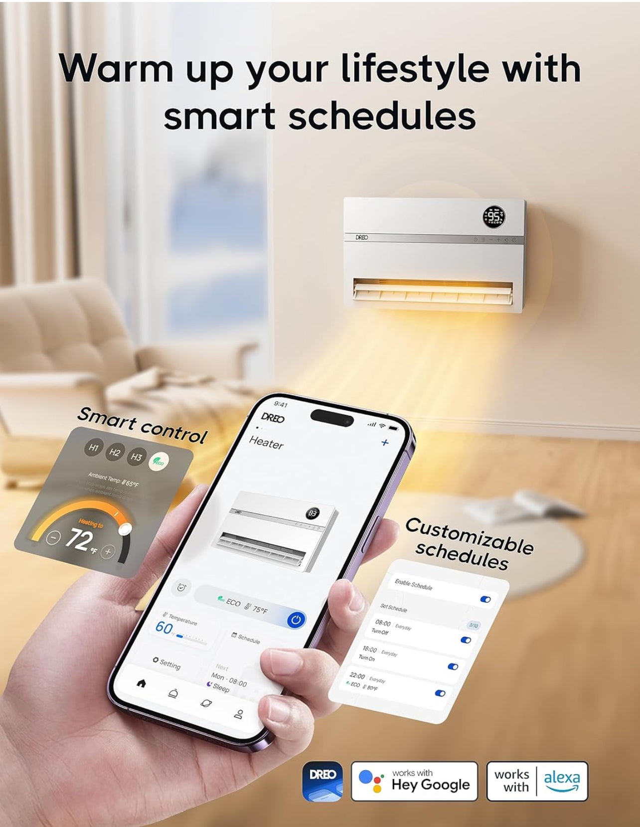 Calentador de pared inteligente, calentador eléctrico para dormitorio de 1500 W, oscilación vertical de 120°, termostato ajustable, control remoto, temporizador de 24 horas