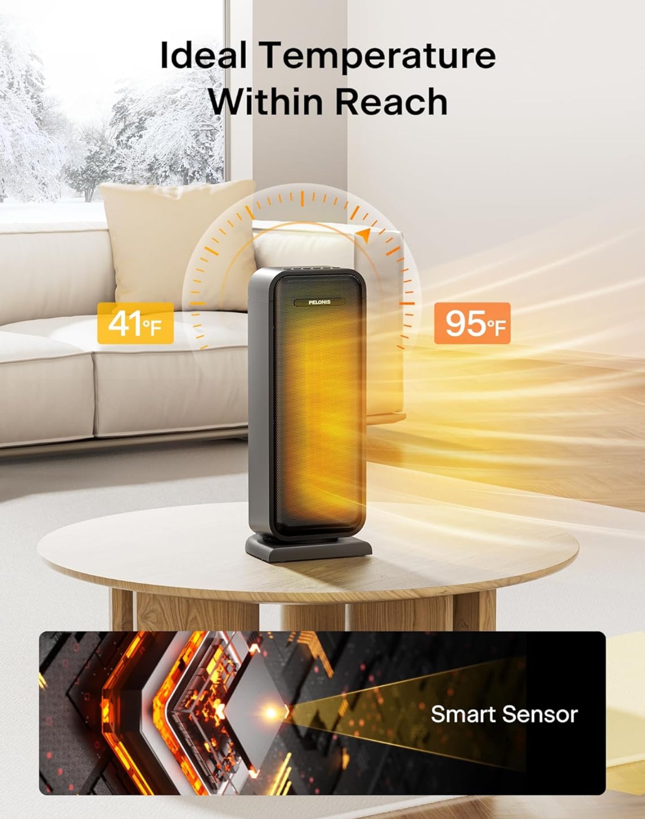 Calentador de espacio para interiores con oscilación de 75° y control remoto, calentador portátil