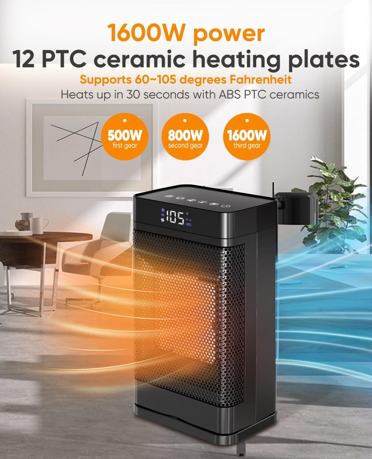 Calentador de espacio de 105 °F /1500 W, calentadores eléctricos portátiles para interiores,
