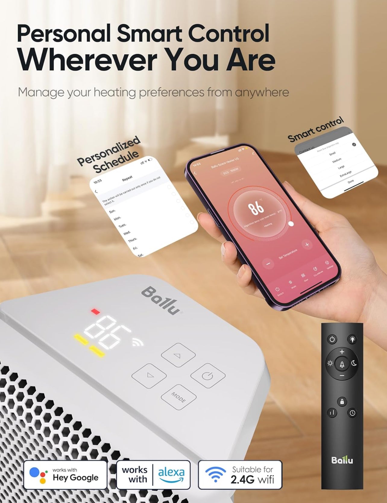 Calentador de espacio infrarrojo de mica para uso en interiores, calentador de panel eléctrico de 1500 W con termostato de programa, control de aplicación Wifi