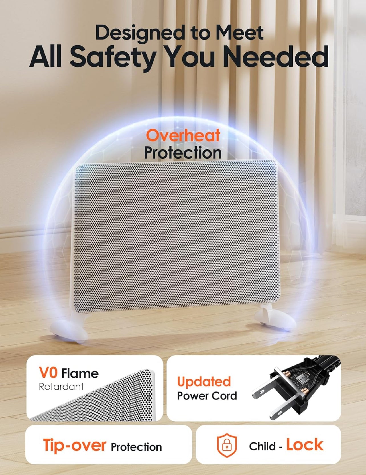 Calentador de espacio infrarrojo de mica para uso en interiores, calentador de panel eléctrico de 1500 W con termostato de programa, control de aplicación Wifi