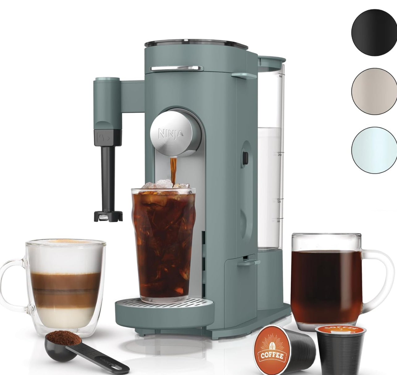 Ninja Pods & Grounds Specialty - Cafetera de una sola porción, compatible con cápsulas K-Cup, espumador de leche integrado, de 6 onzas de taza a 24 onzas, tamaños de taza de viaje, cafetera helada,