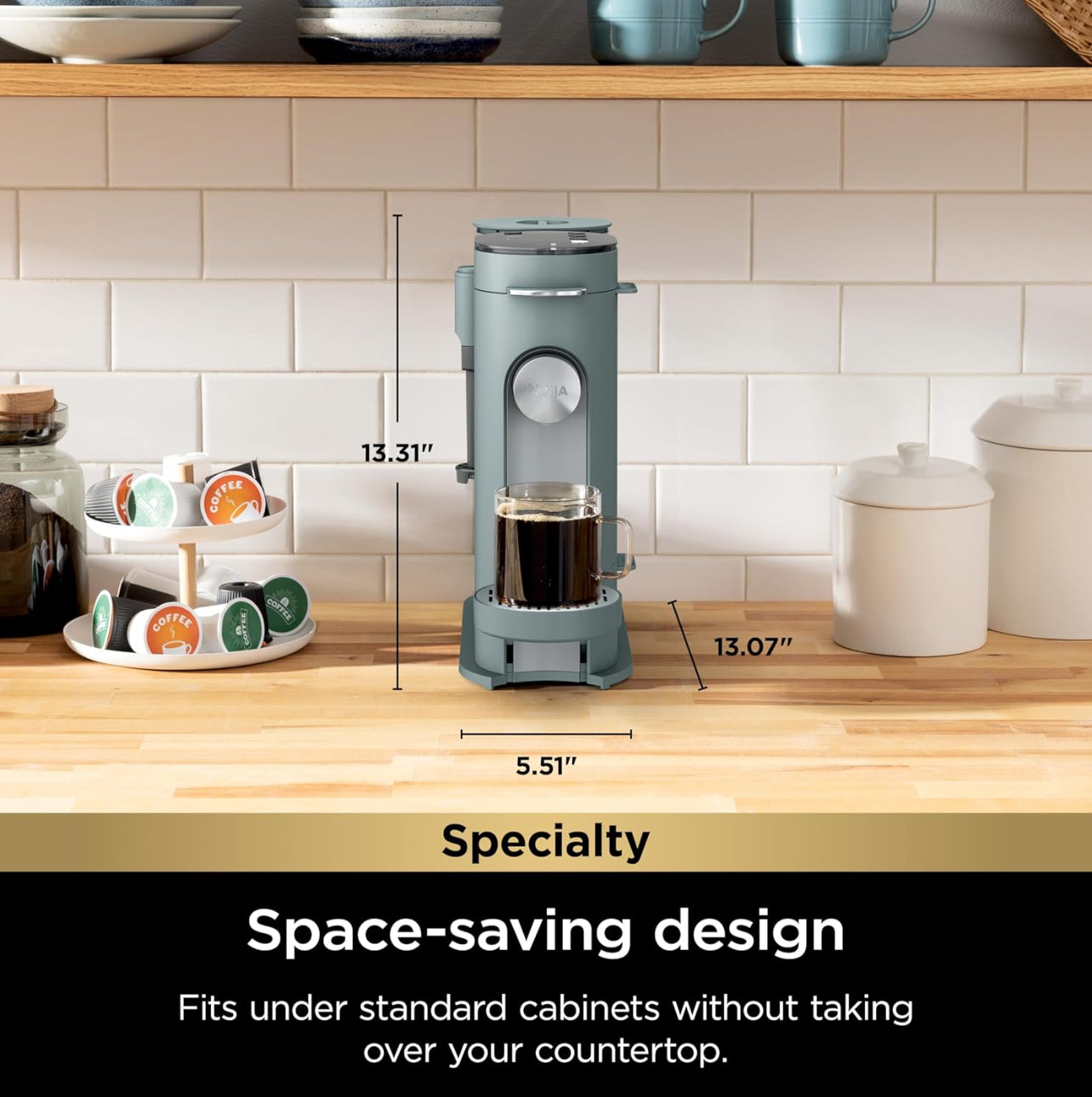 Ninja Pods & Grounds Specialty - Cafetera de una sola porción, compatible con cápsulas K-Cup, espumador de leche integrado, de 6 onzas de taza a 24 onzas, tamaños de taza de viaje, cafetera helada,