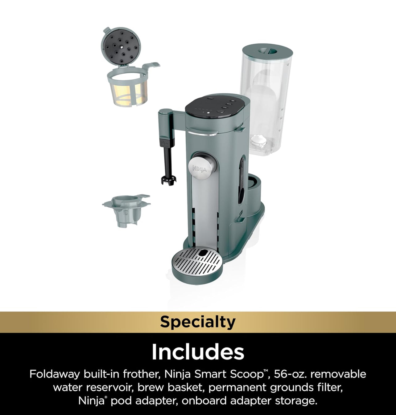 Ninja Pods & Grounds Specialty - Cafetera de una sola porción, compatible con cápsulas K-Cup, espumador de leche integrado, de 6 onzas de taza a 24 onzas, tamaños de taza de viaje, cafetera helada,