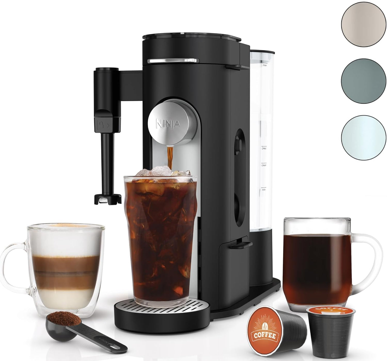 Ninja Pods & Grounds Specialty - Cafetera de una sola porción, compatible con cápsulas K-Cup, espumador de leche integrado, de 6 onzas de taza a 24 onzas, tamaños de taza de viaje, cafetera helada,