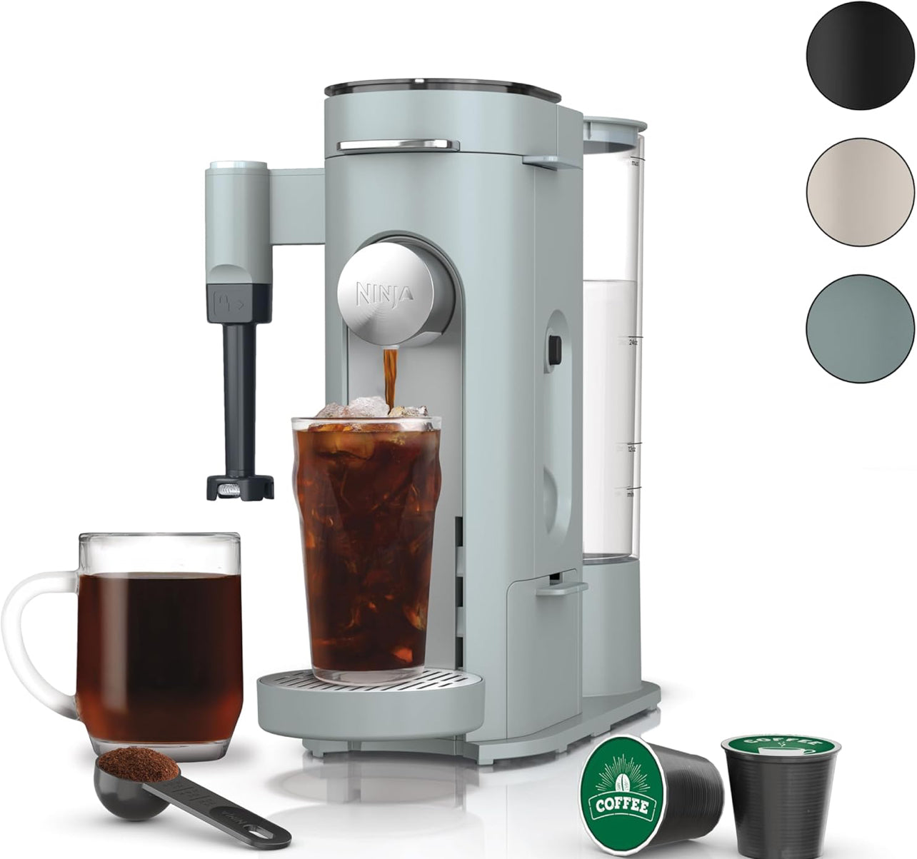 Ninja Pods & Grounds Specialty - Cafetera de una sola porción, compatible con cápsulas K-Cup, espumador de leche integrado, de 6 onzas de taza a 24 onzas, tamaños de taza de viaje, cafetera helada,