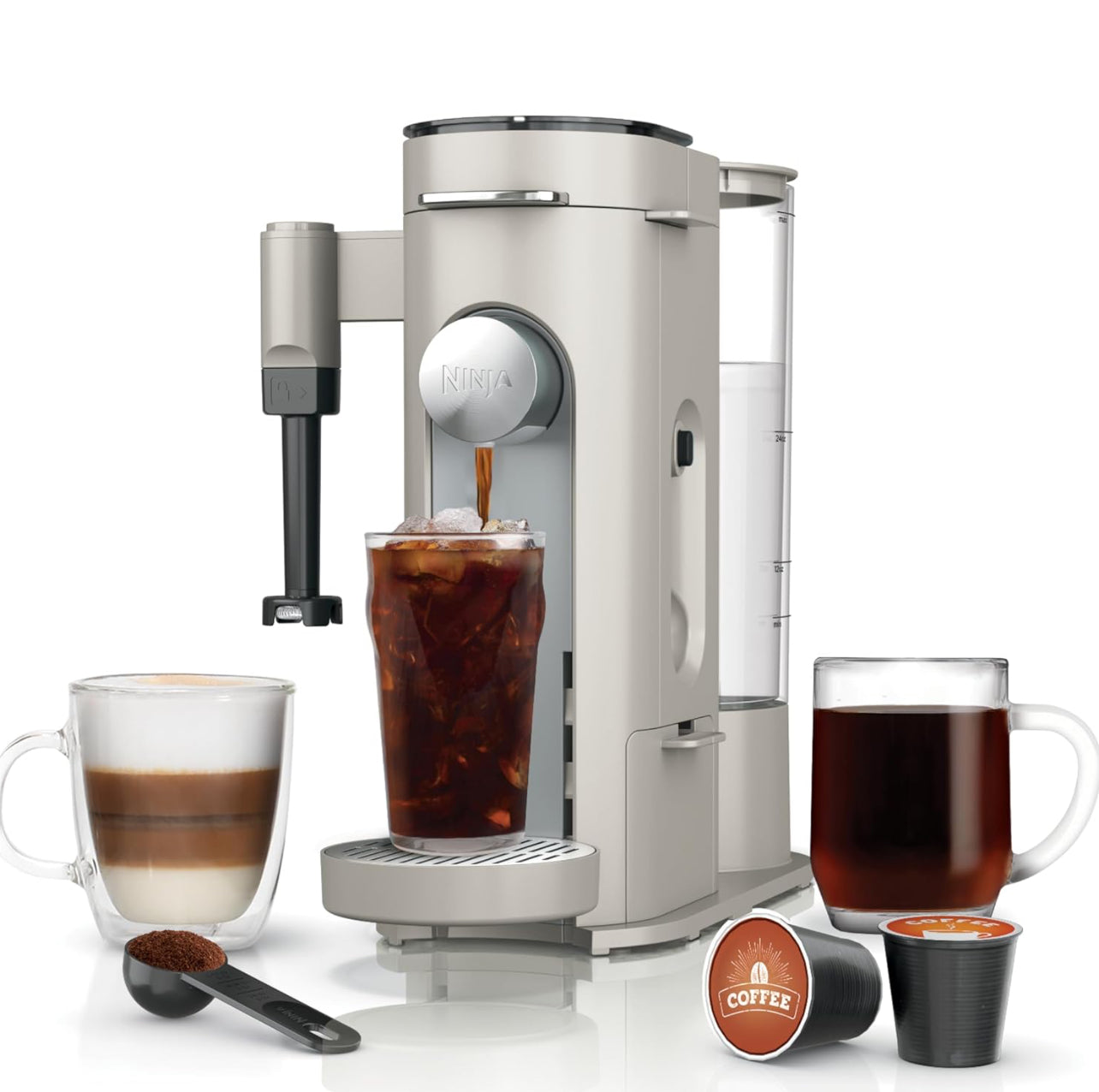Ninja Pods & Grounds Specialty - Cafetera de una sola porción, compatible con cápsulas K-Cup, espumador de leche integrado, de 6 onzas de taza a 24 onzas, tamaños de taza de viaje, cafetera helada,