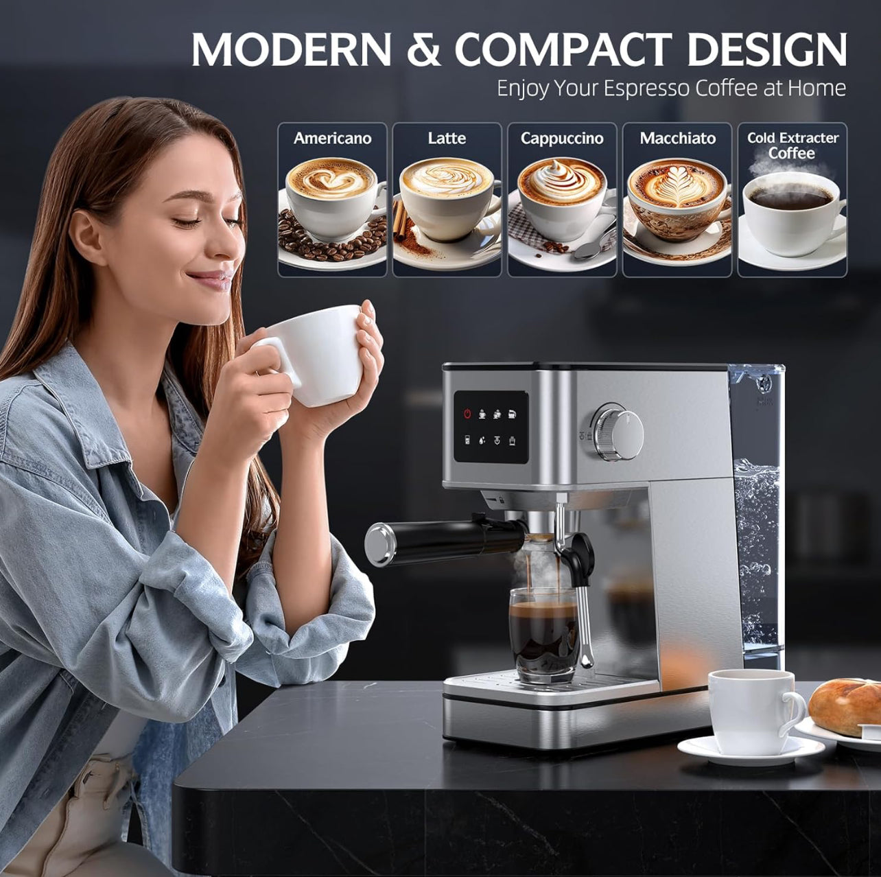 Máquina de café expreso, máquina de café espresso profesional de 20 bares, vaporizador de leche para café con leche, máquina compacta de acero inoxidable con tanque de agua extraíble de 57.5 onzas