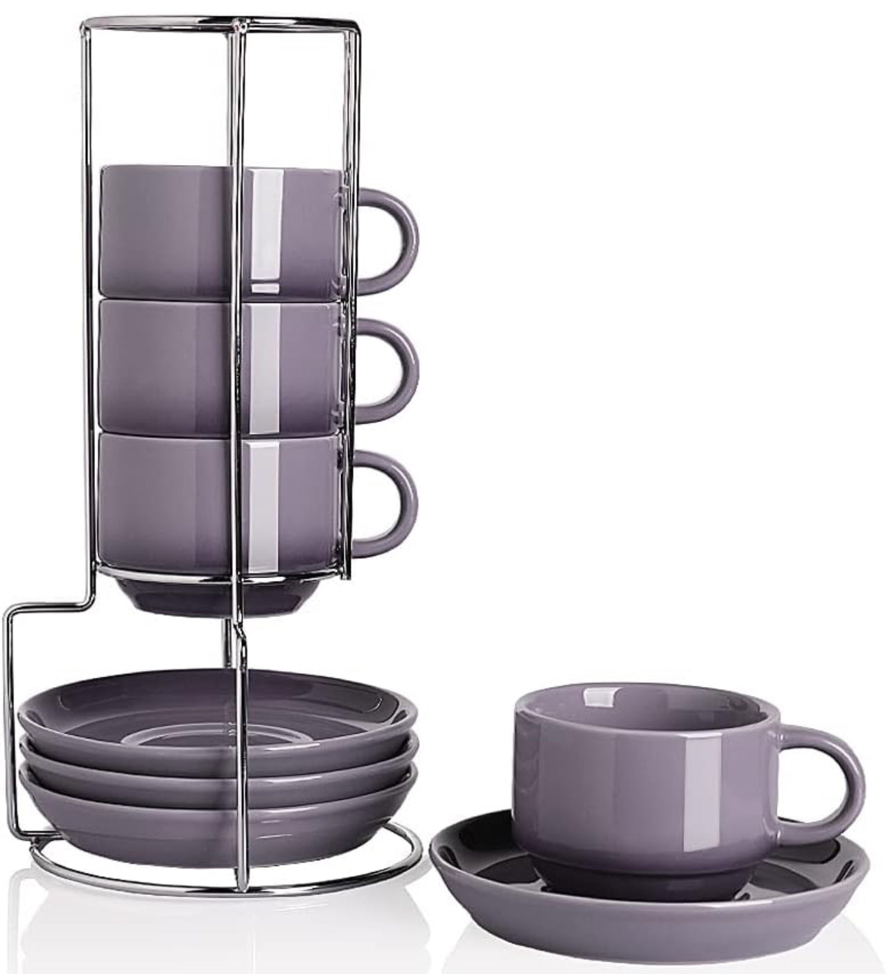 Tazas de café de porcelana con platillos , tazas de capuchino apilables de 4 onzas con soporte de metal para café, latte, té - 4 unidades