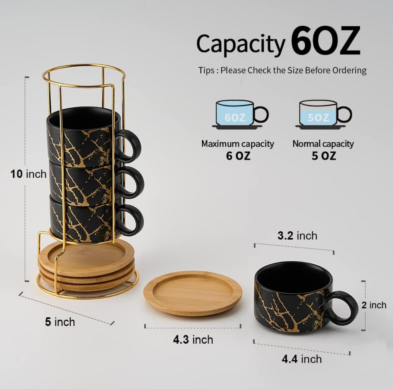 Taza de café expreso de porcelana con platillo y soporte de metal, 6 onzas líquidas apilables de cerámica Demitasse