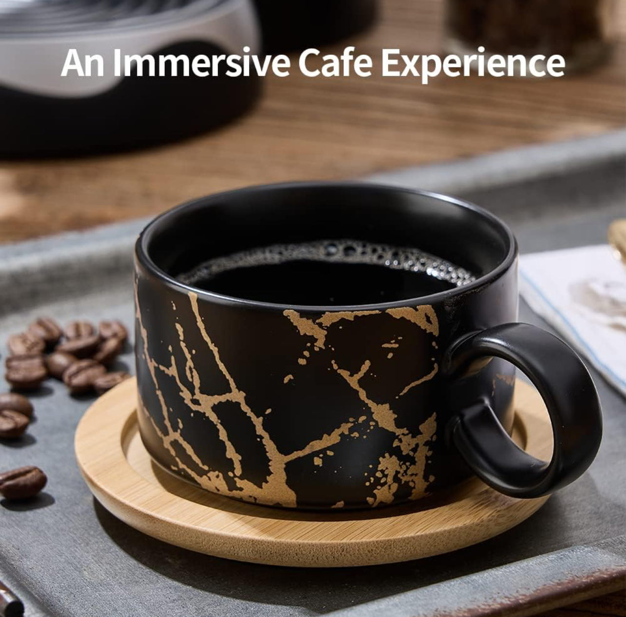 Taza de café expreso de porcelana con platillo y soporte de metal, 6 onzas líquidas apilables de cerámica Demitasse